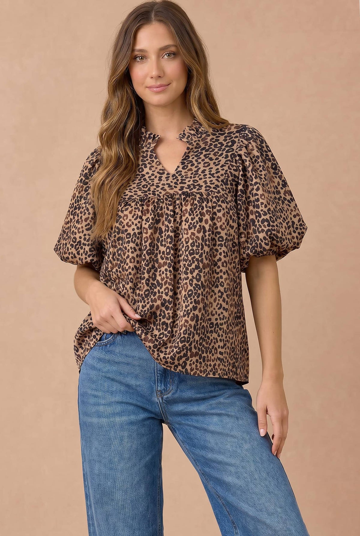 Leopard Ruffle Notch Neck Blouse