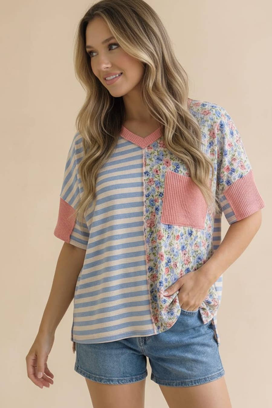 V-Neck Floral Stripe Color Block Top
