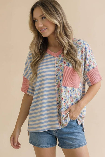 V-Neck Floral Stripe Color Block Top