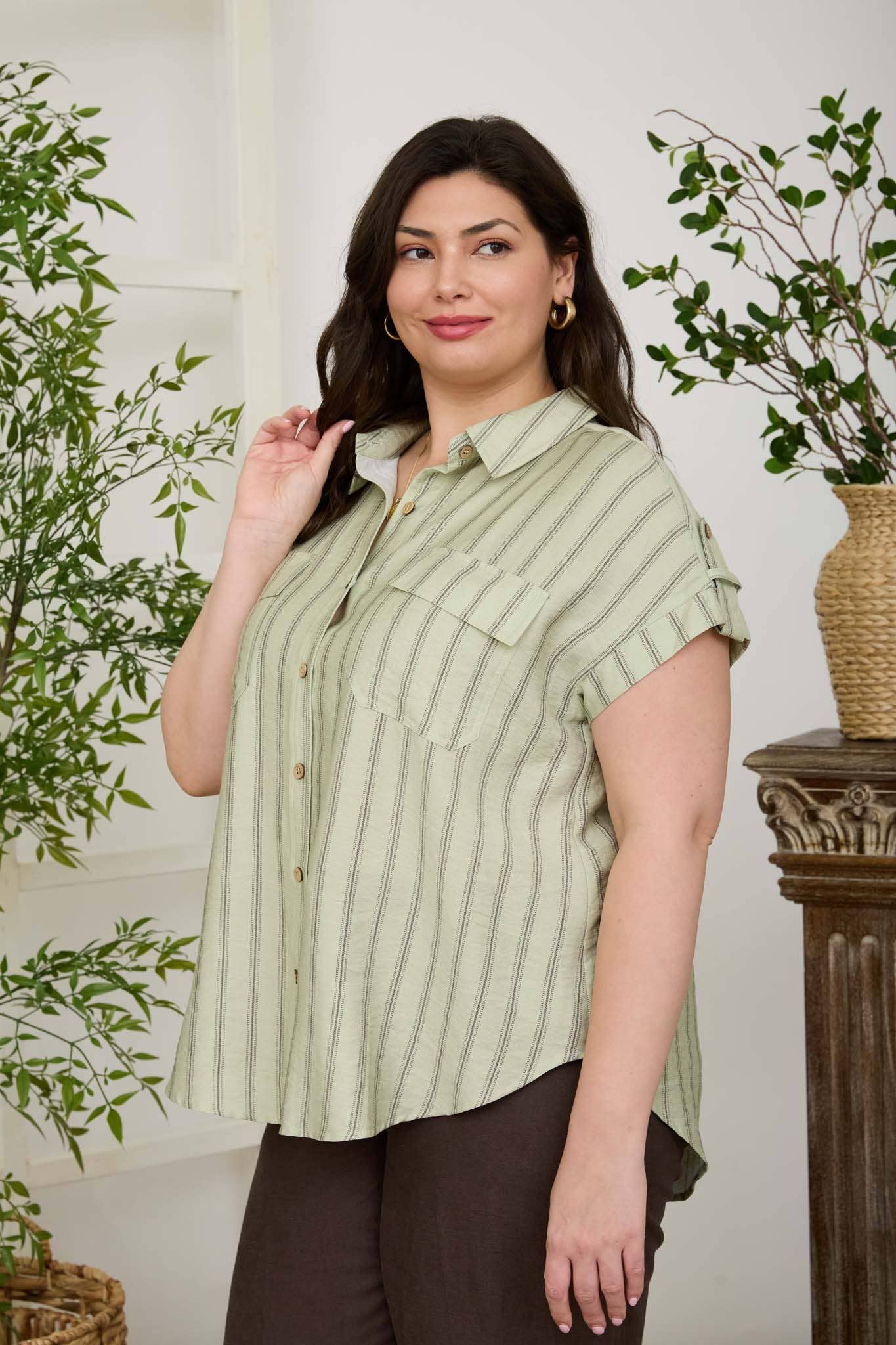 PLUS STRIPE TAB DETAIL COLLARED BUTTON DOWN SHIRT