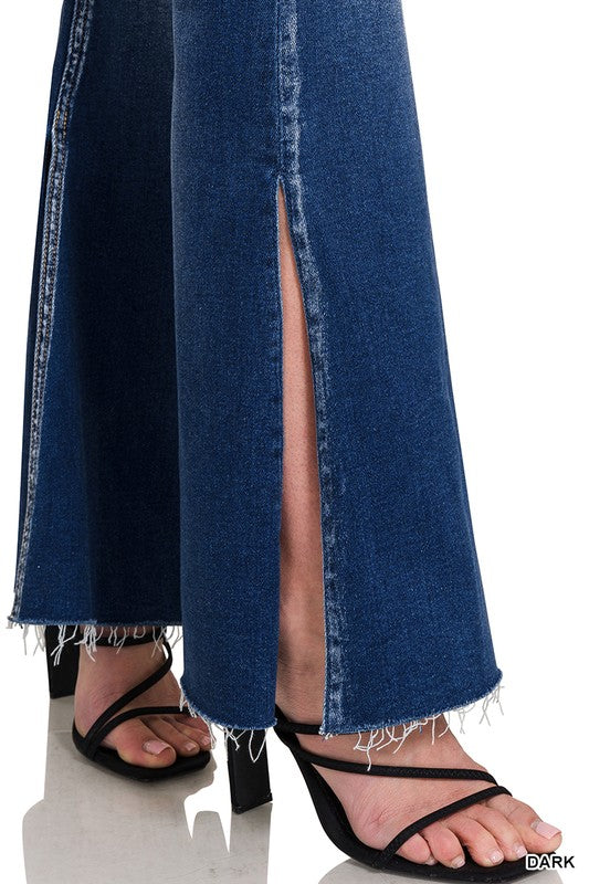 Frayed Edged Waiste Flare Denim Pants With Side Slits