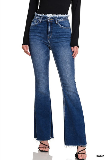 Frayed Edged Waiste Flare Denim Pants With Side Slits