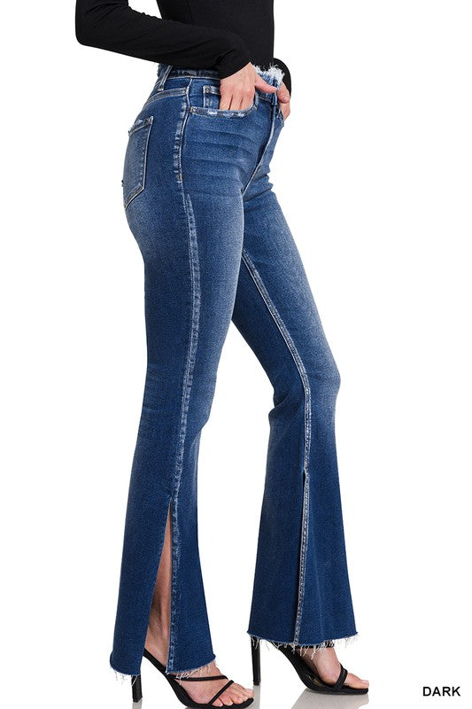 Frayed Edged Waiste Flare Denim Pants With Side Slits