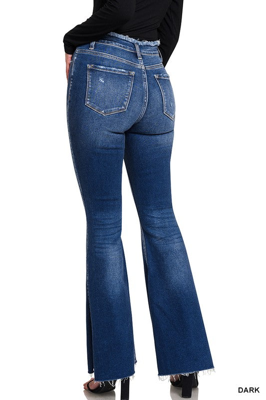 Frayed Edged Waiste Flare Denim Pants With Side Slits