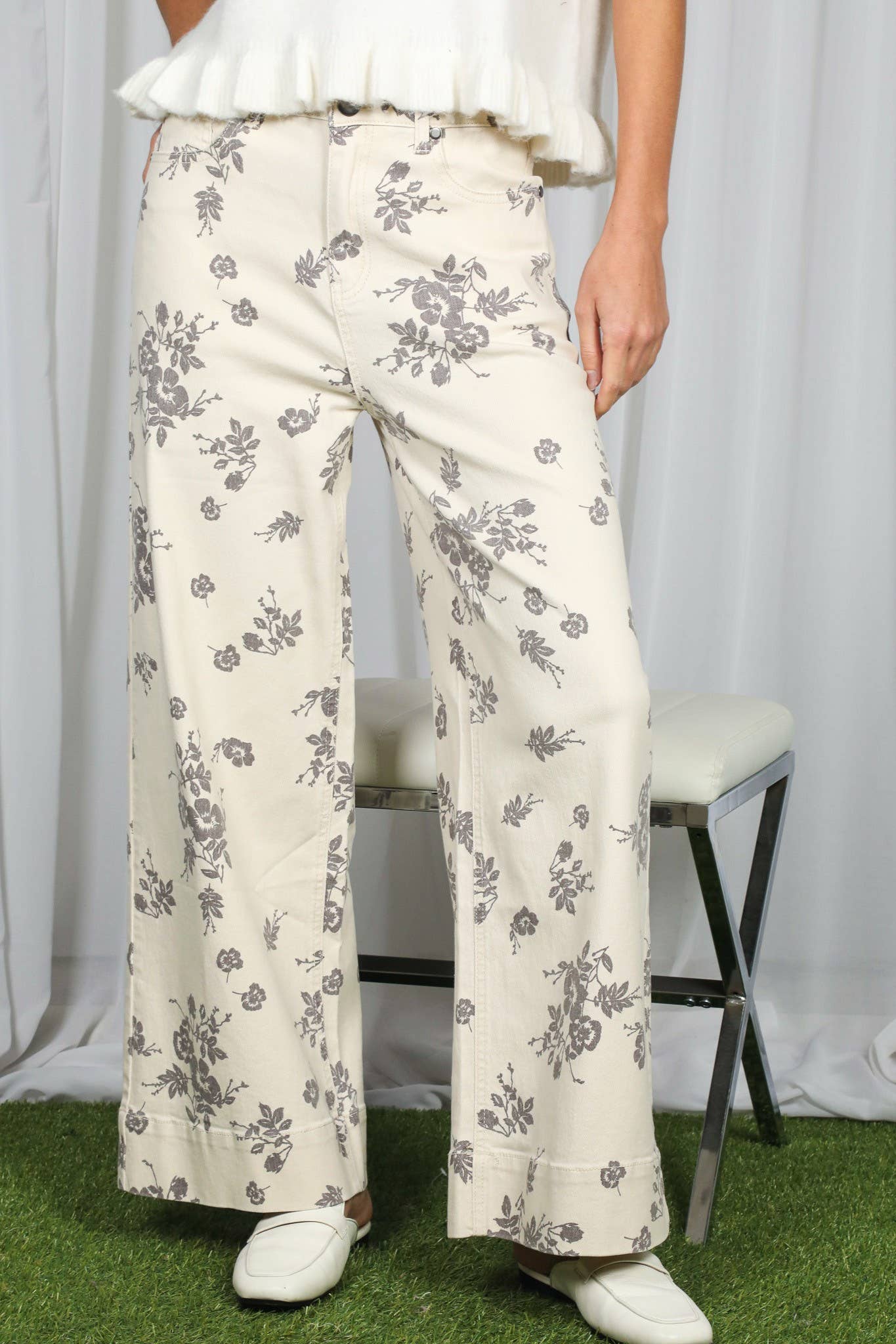 Floral Print Straight Leg Cotton Denim Span Pants