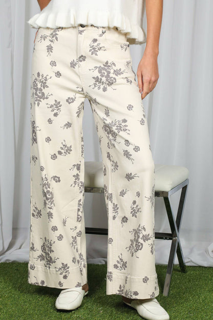 Floral Print Straight Leg Cotton Denim Span Pants