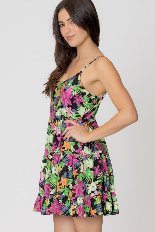 Tropical Print Tiered Mini Dress