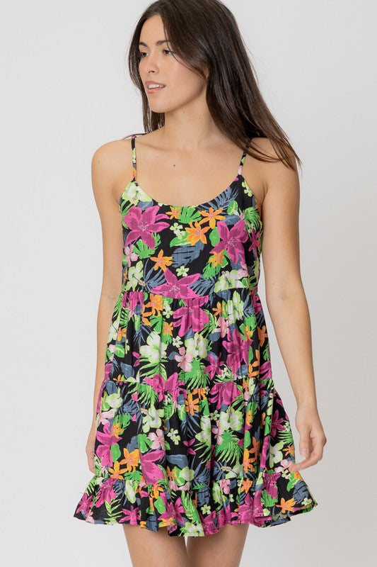 Tropical Print Tiered Mini Dress