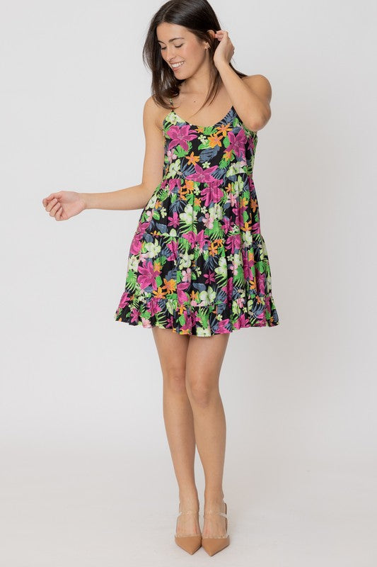 Tropical Print Tiered Mini Dress