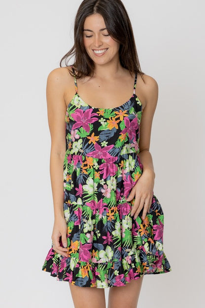 Tropical Print Tiered Mini Dress