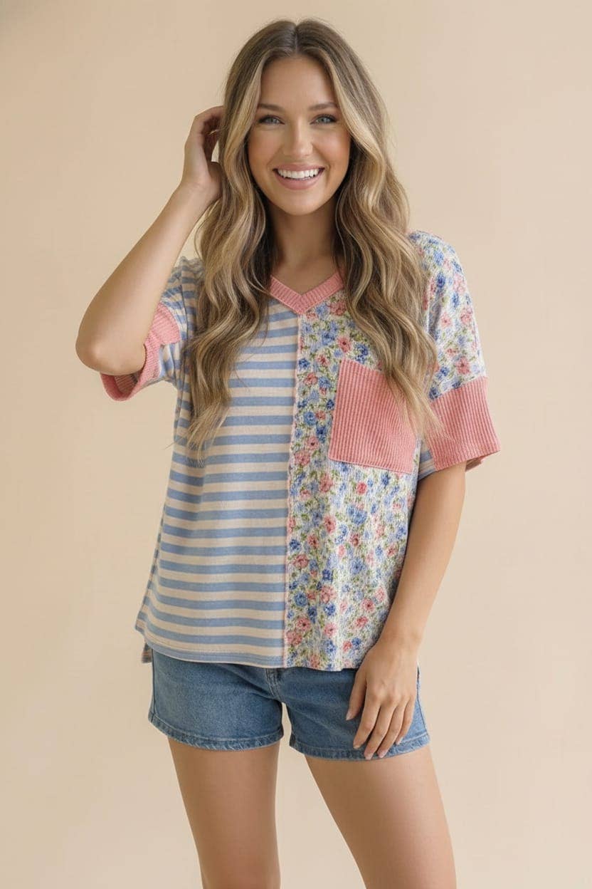 V-Neck Floral Stripe Color Block Top