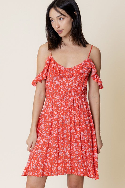 Cold Shoulder Floral Print Mini Dress