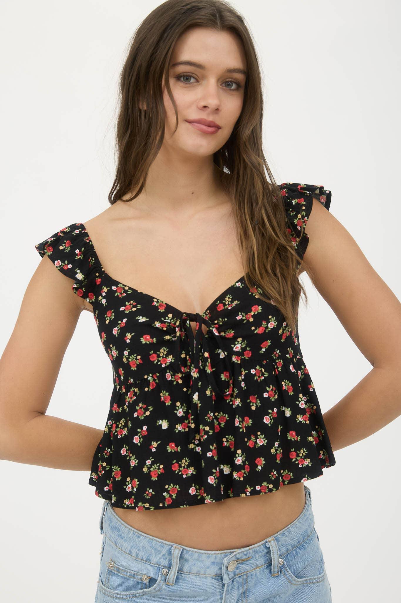 FLORAL CLIP DOT FRONT TIE WITH CUT-OUT CROP TOP - Southern Sassy Boutique