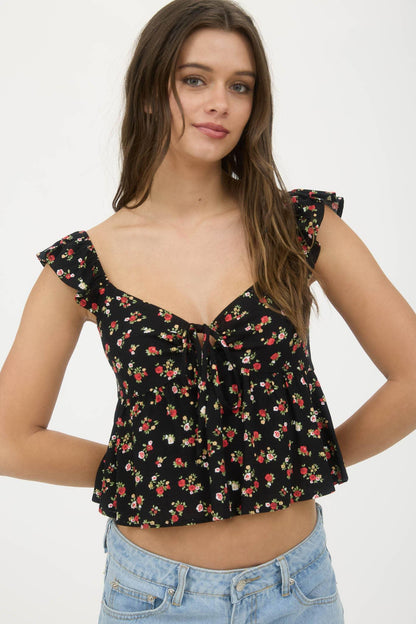 FLORAL CLIP DOT FRONT TIE WITH CUT-OUT CROP TOP - Southern Sassy Boutique