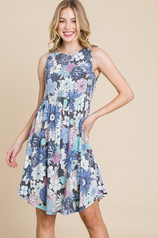 Floral Printed Sleeveless Babydoll Dress