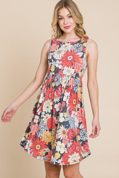 Floral Printed Sleeveless Babydoll Dress