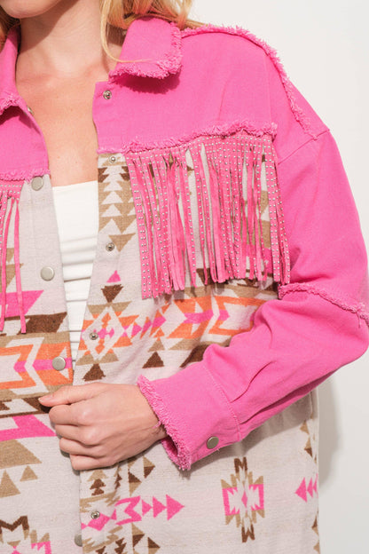 Aztec Contrast Frayed Shirt Jacket - Southern Sassy Boutique