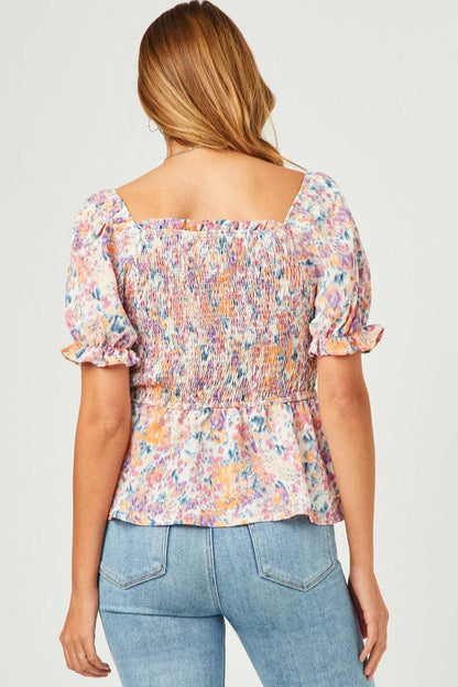 Floral Puff Sleeve Smocked Top