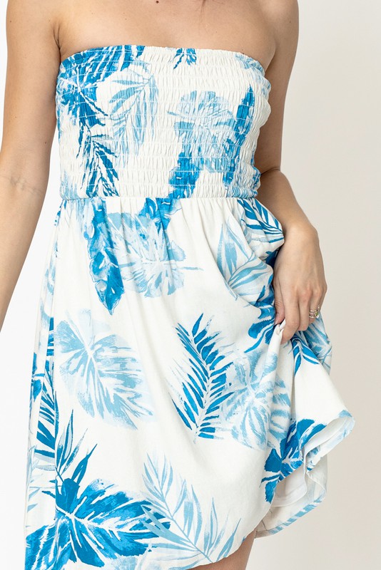 Tropical Print Smocked Tube Mini Dress