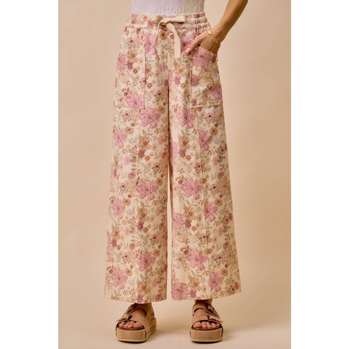 Floral Print Twill Wide Leg Pants