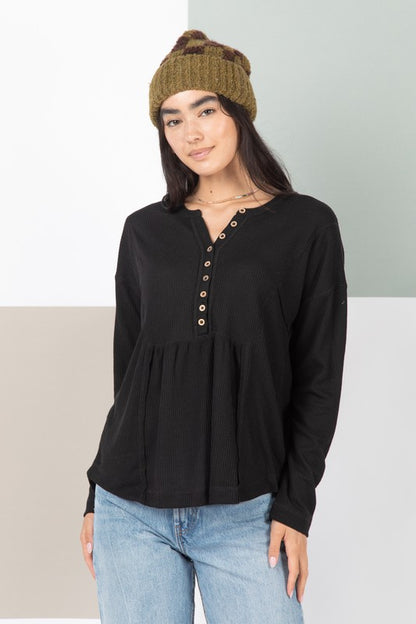 Casual Comfy Waffle Knit Henley Top