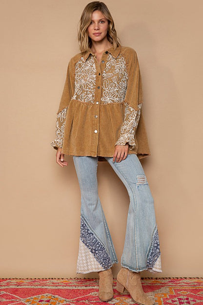 Embroidered Floral Pattern Button Down Jacket