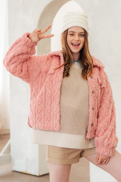 Cable Pattern Soft Fleece Faux Fur Jacket