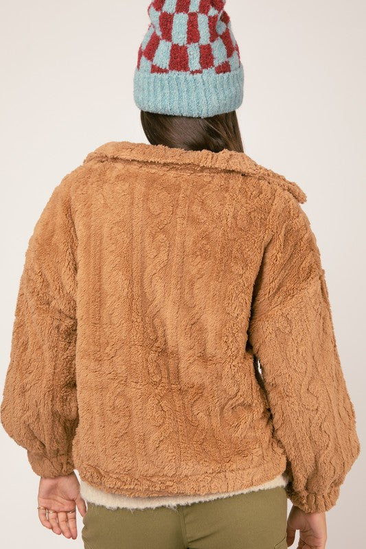 Cable Pattern Soft Fleece Faux Fur Jacket