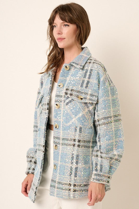 Sequin Plaid Oversized Shacket with Pockets