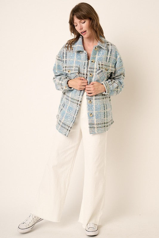 Sequin Plaid Oversized Shacket with Pockets