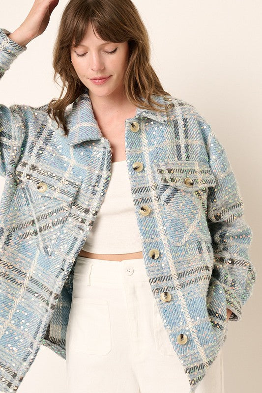 Sequin Plaid Oversized Shacket with Pockets