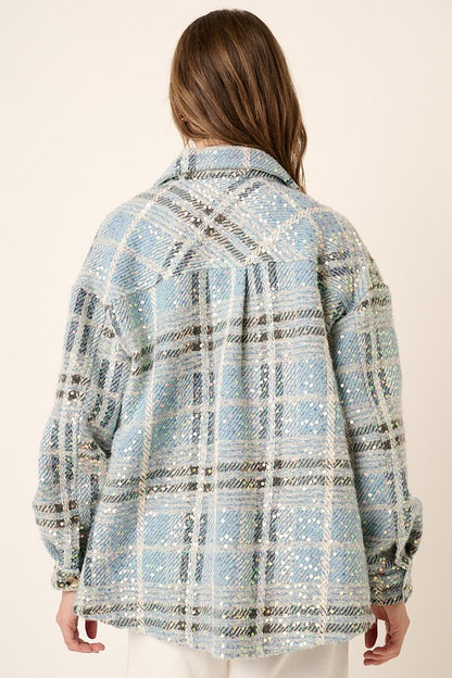 Sequin Plaid Oversized Shacket with Pockets