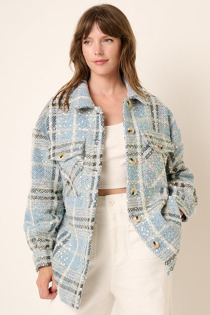 Sequin Plaid Oversized Shacket with Pockets