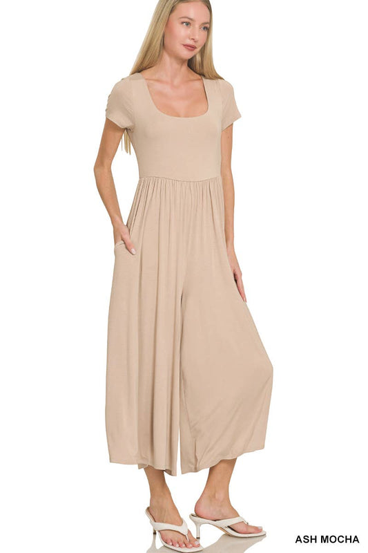 Double Layered Short Sleeve Jumpsuit with Pockets