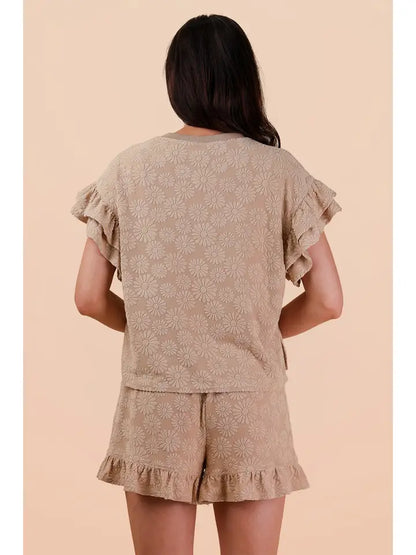 Floral Textured Ruffled Knit Top & Shorts Set