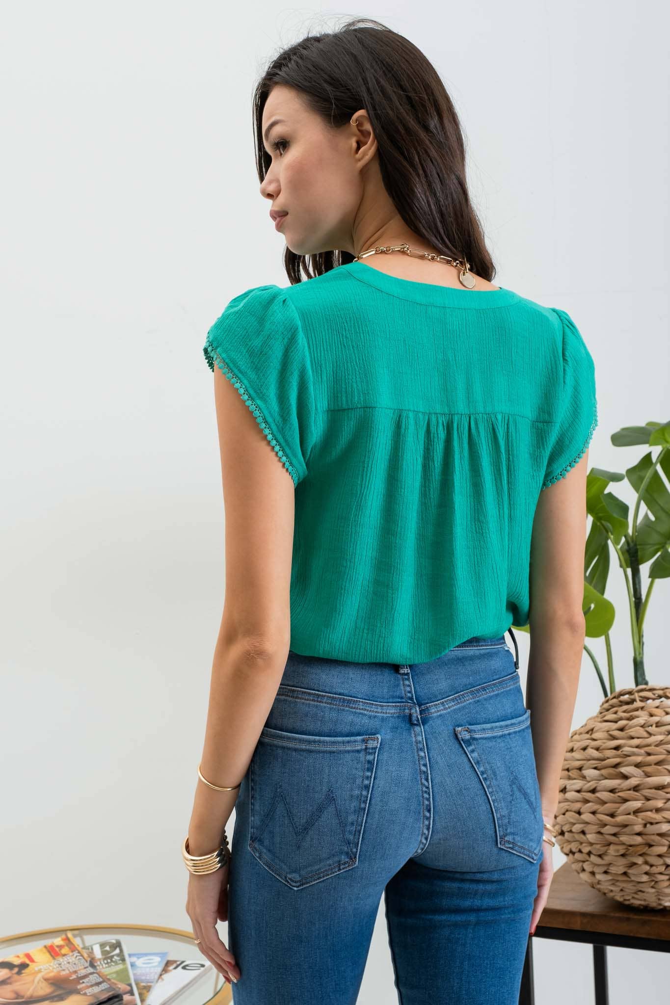 SPLIT NECK PETAL TASSEL SLEEVE BLOUSE - Southern Sassy Boutique