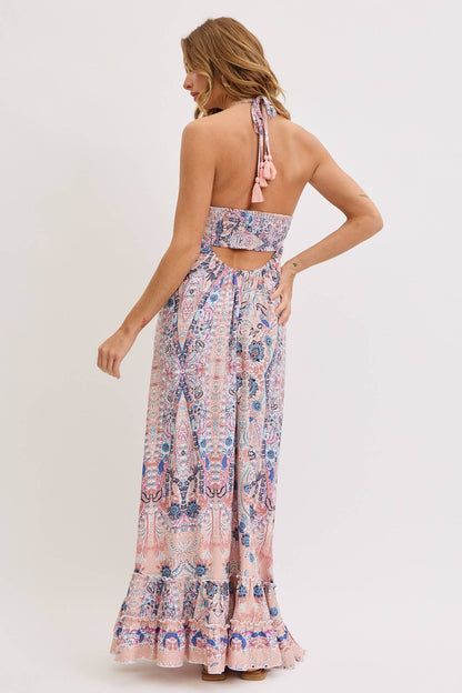 Bohemian Floral Print Halter Maxi Dress