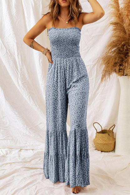 Straps Smocked Bodice Wide Leg Floral Jumpsuit - Southern Sassy Boutique
