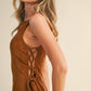 SUEDE SIDE LACE UP SLEEVELESS BOAT NECK MINI DRESS
