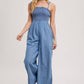 DENIM SMOCKED STRAP WIDE LEG JUMPSUIT