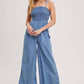DENIM SMOCKED STRAP WIDE LEG JUMPSUIT