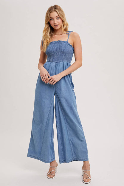 DENIM SMOCKED STRAP WIDE LEG JUMPSUIT - Southern Sassy Boutique