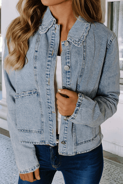 Scallop Trim Collar Patched Pocket Denim Jacket