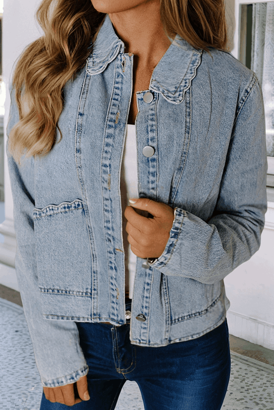 Scallop Trim Collar Patched Pocket Denim Jacket