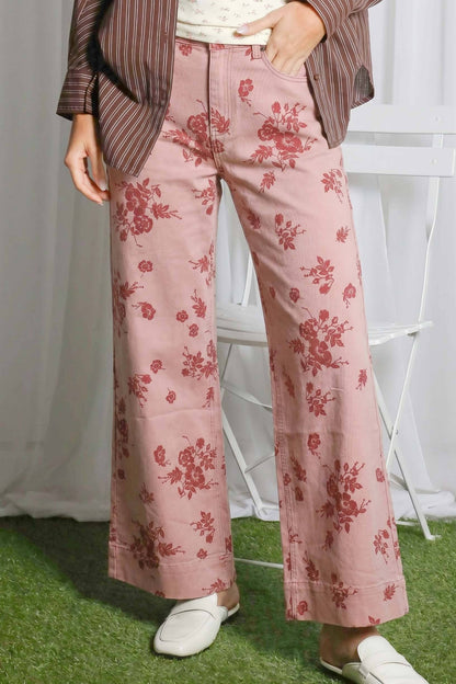 Floral Print Straight Leg Cotton Denim Span Pants