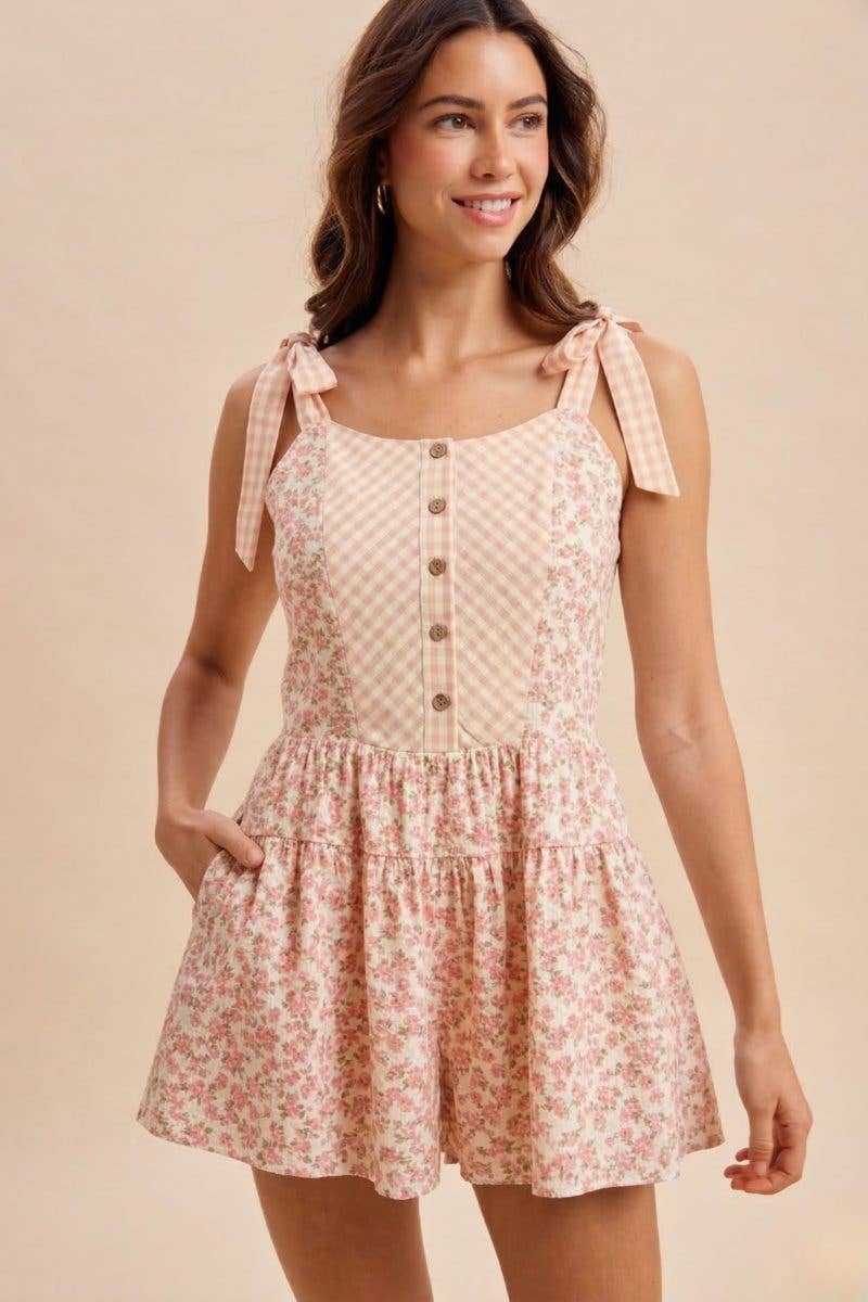 Floral Gingham Tie-Shoulder Romper