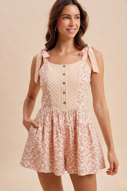 Floral Gingham Tie-Shoulder Romper