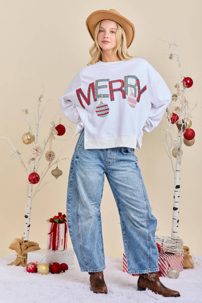 Merry With Ornament Patchwork Oversized Long Sleeve Top - Southern Sassy Boutique