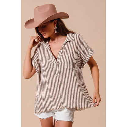 PLACKET DOLMAN STRIPE SHIRT BLOUSE TOP