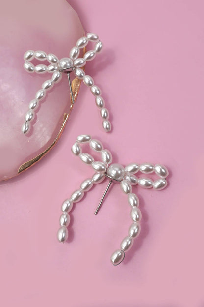 Pearl Bead Bow Ribbon Earrings